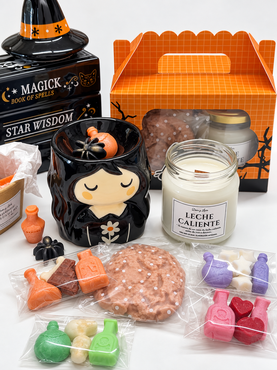 Pack Quemador Bruja + Caja el Ritual de Migas · Pack Vela, Wax melt galleta, 4 wax melts y quemador Bruja