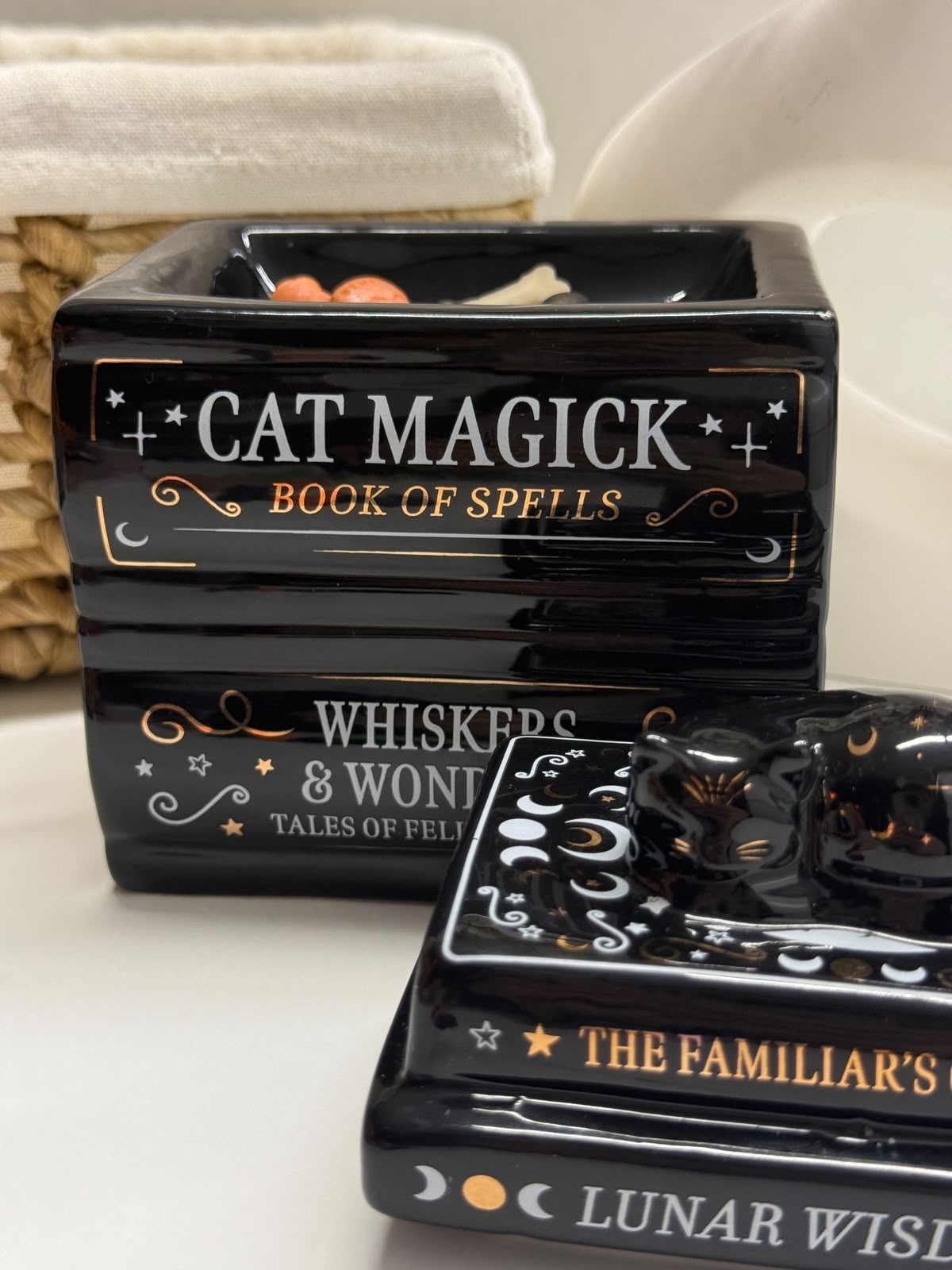 Quemador de libros de hechizos con gato